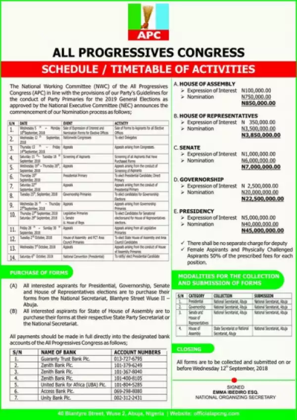 APC Releases Party Primaries Timetable (Picture)